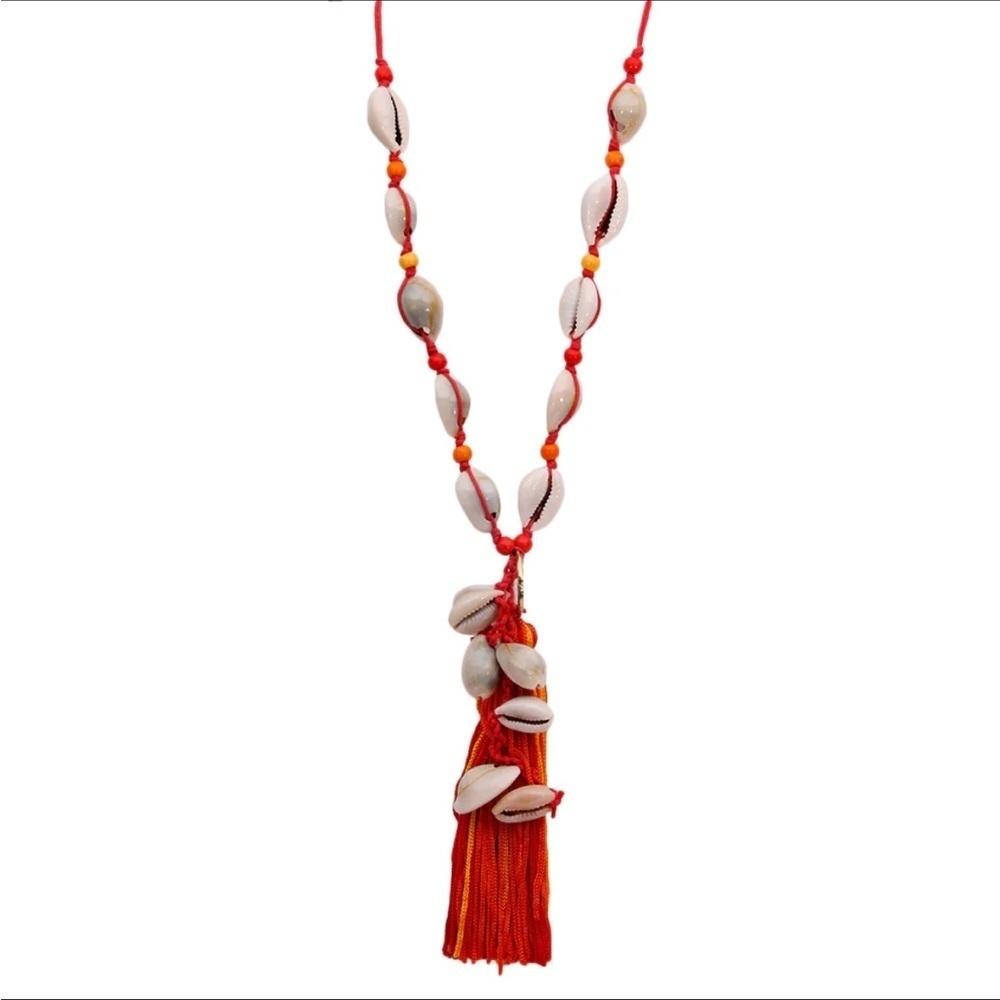Mia Collection Red Orange Cowrie Shell Long Tassel Necklace Adjustable